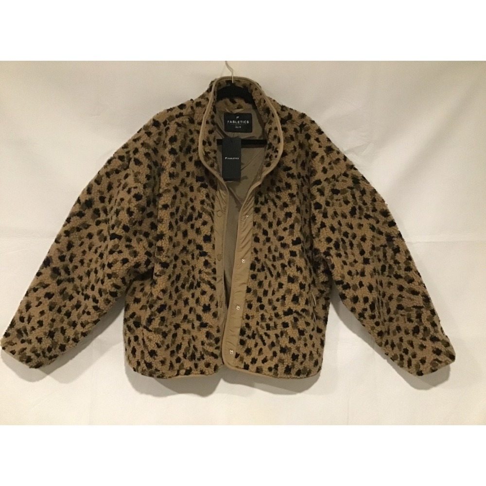 Fabletics Leopard Print Sherpa Fleece Jacket XXL/1X Tan Black Animal Snap Front